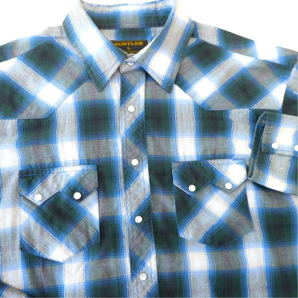 Wrangler Other - Rustler by Wrangler Vtg Metallic Plaid Western Pearl Snap Shirt Double Peaked L